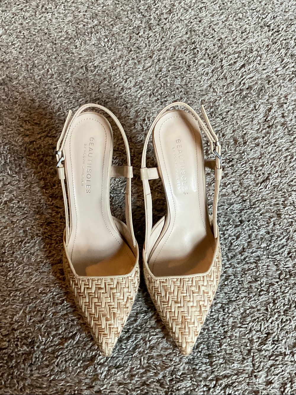 Beige Woven Pointed Slingback Heels